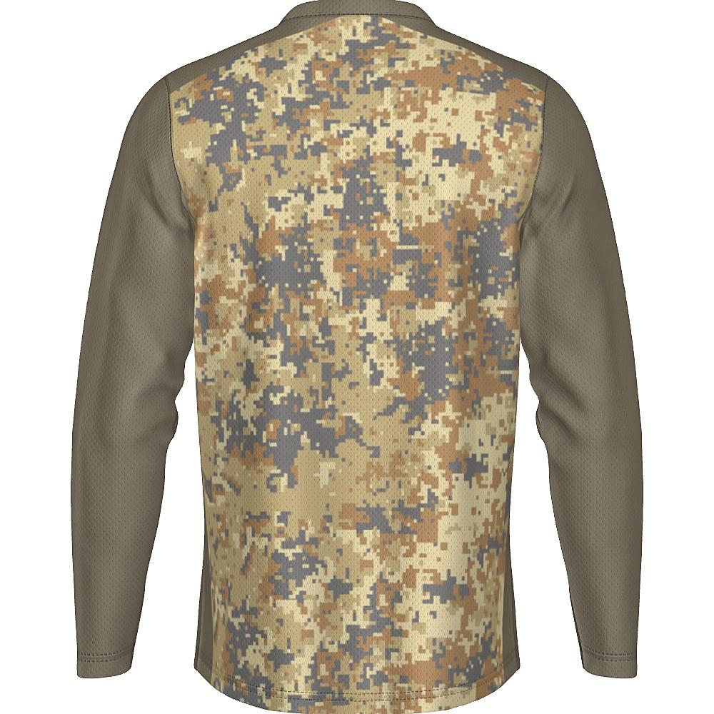 Earth-tone long-sleeve shirt with digital camo design on a white background