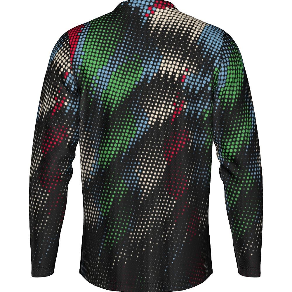 Black long-sleeve shirt with multicolored dot pattern on a white background