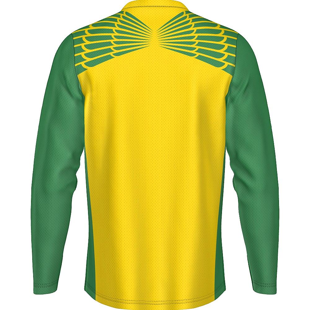 Yellow and green long-sleeve shirt with feather design on upper chest and back