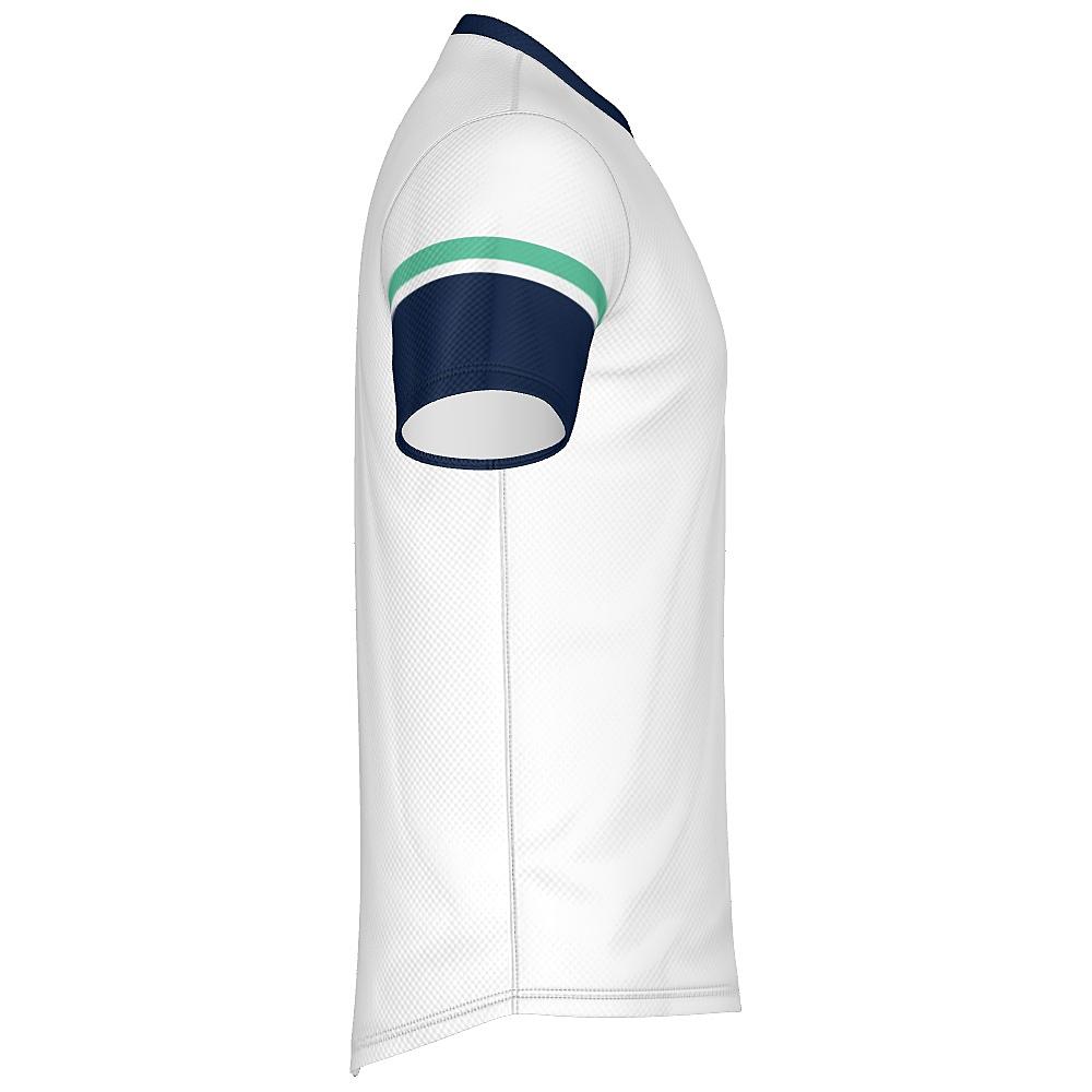 White shirt with navy and green accents on a white background