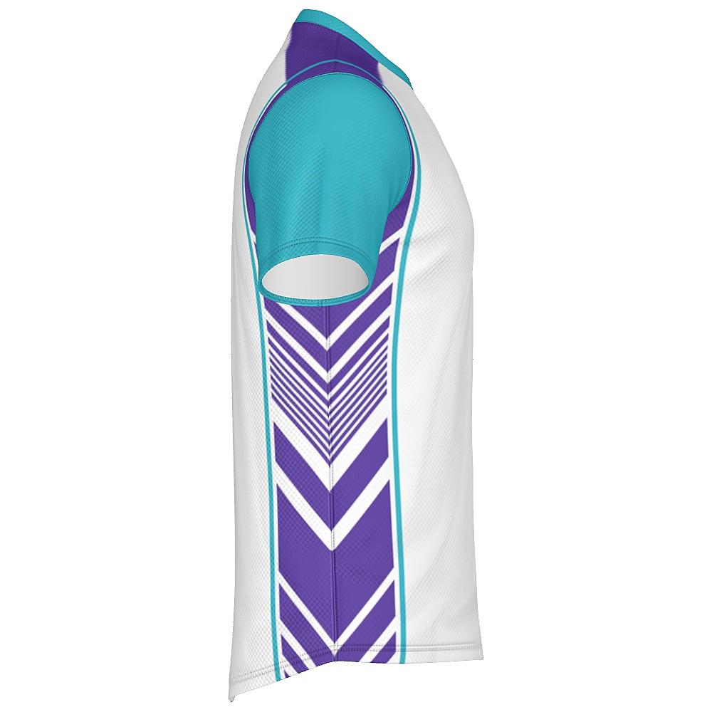 White shirt with teal and purple accents on a white background