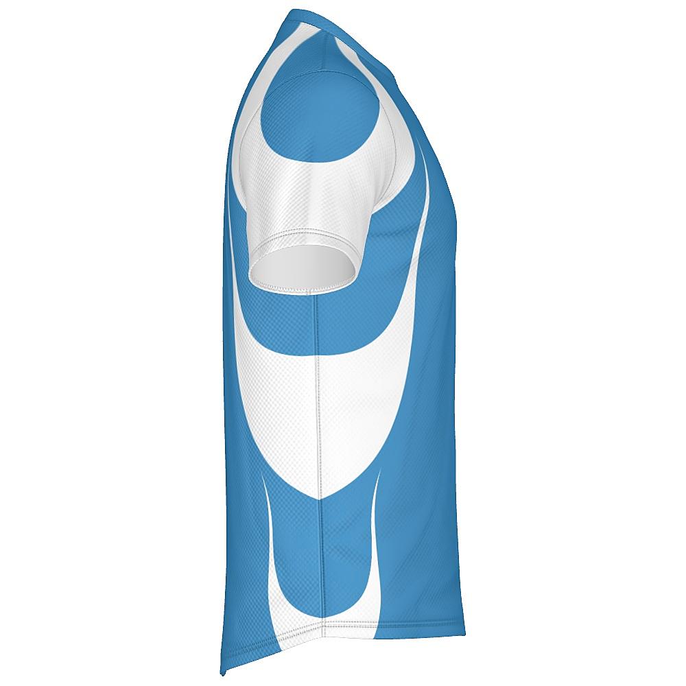 Blue shirt with white accents on a white background