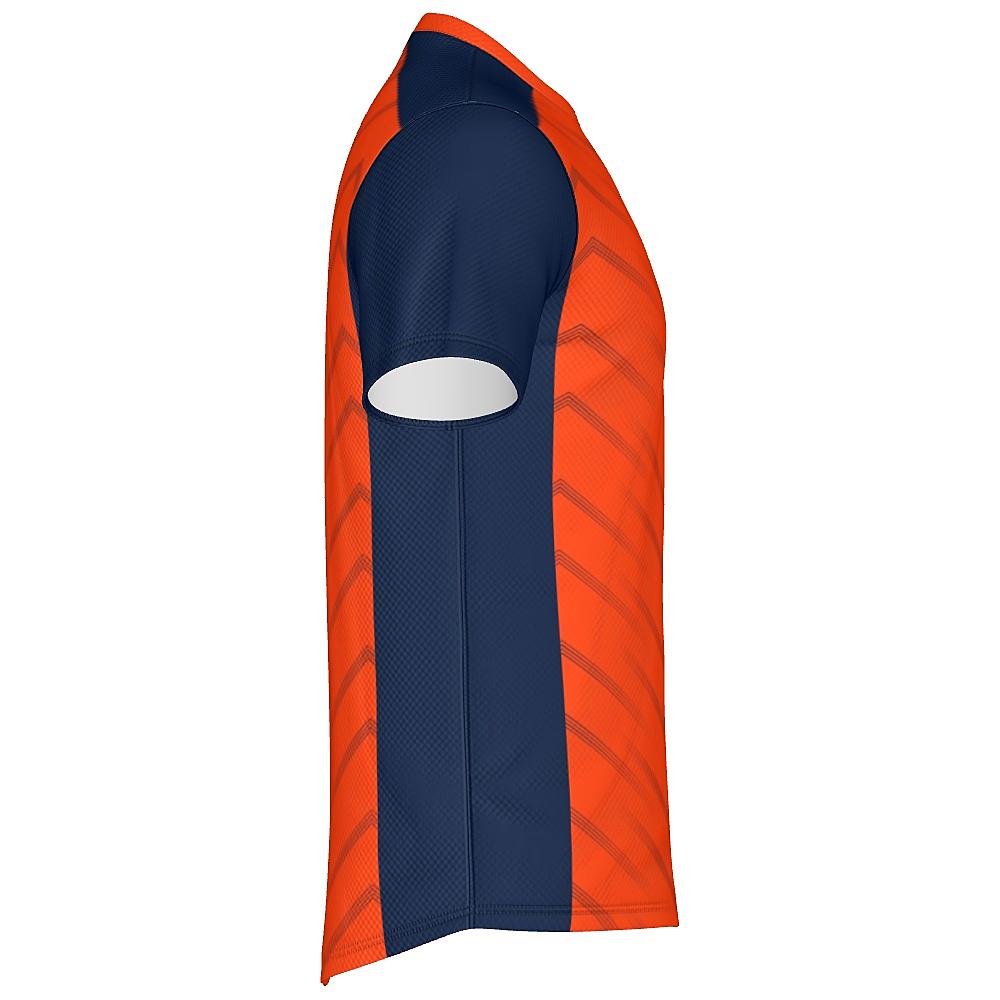 Orange shirt with navy accents and chevron design on a white background