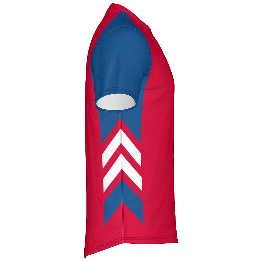 Red shirt with blue and white accents on a white background