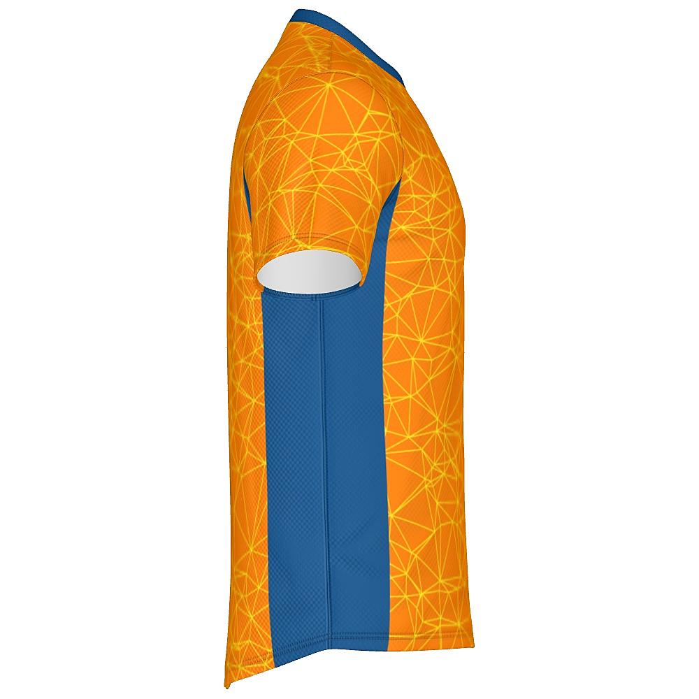 Orange shirt with yellow geometric design and blue accents on a white background