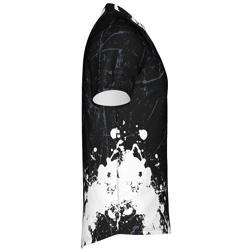Black shirt with white and grey distressed design on a white background