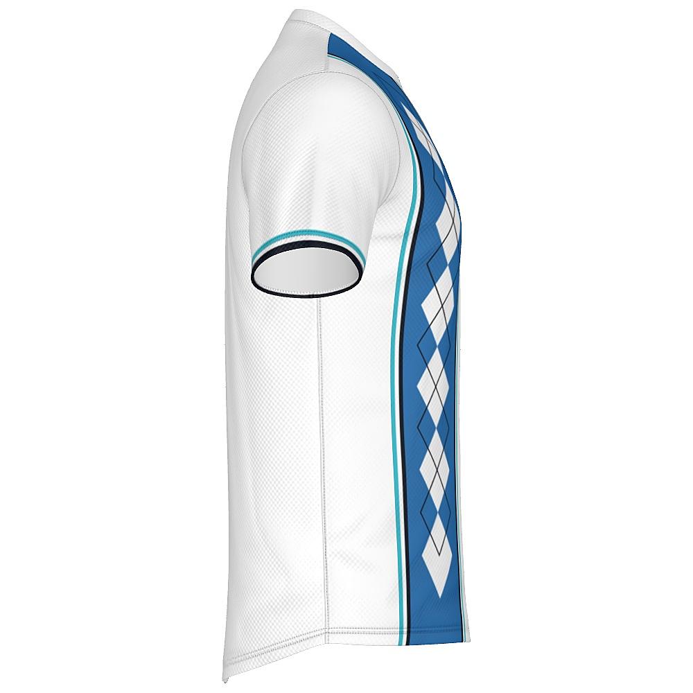 White shirt with blue argyle design on a white background