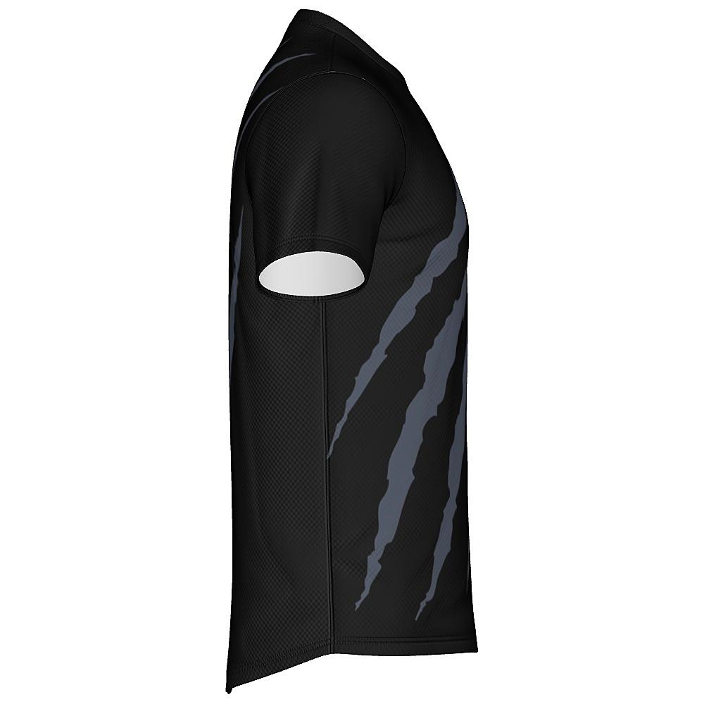 Black shirt with grey claw-mark design on a white background