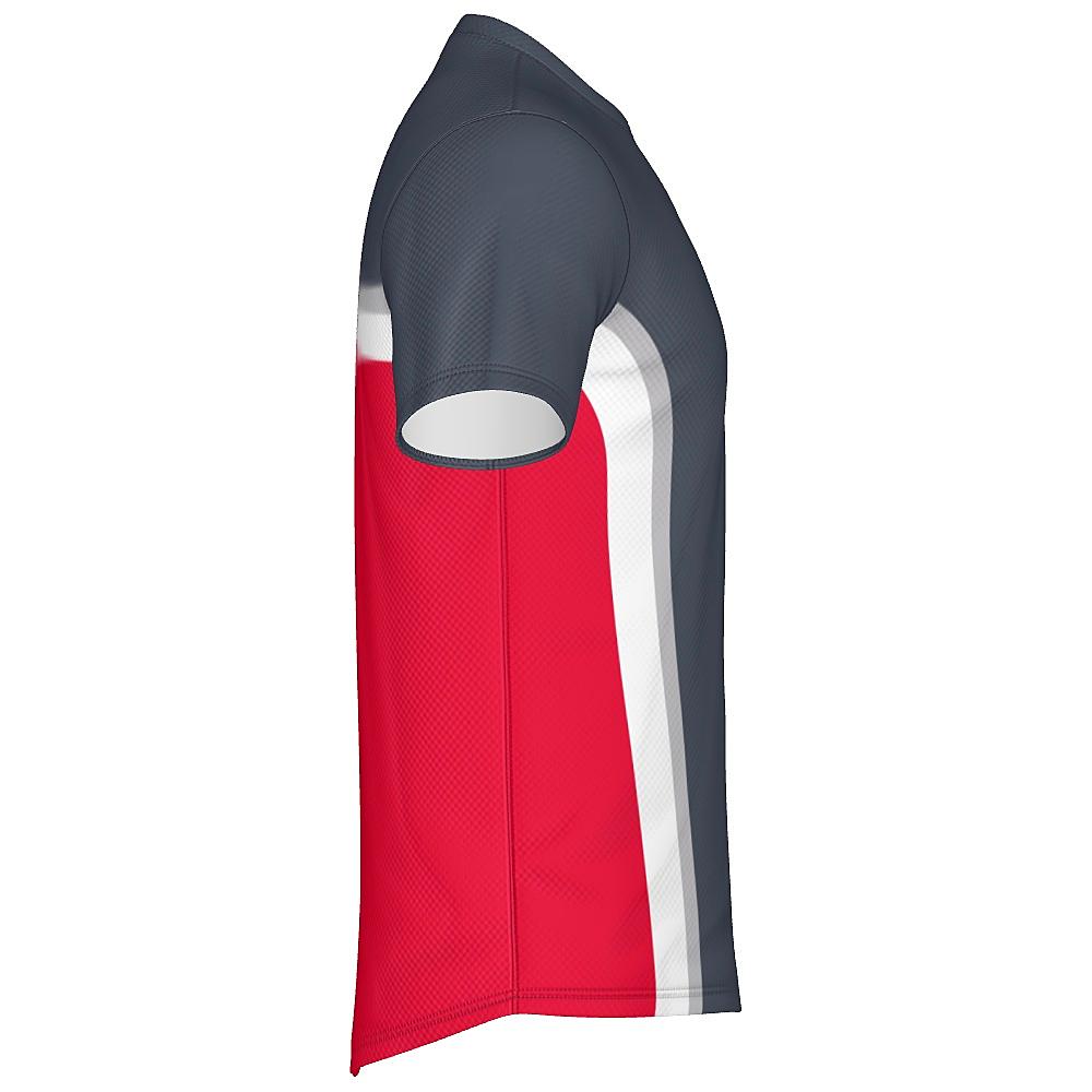 Grey shirt with white and red accents on a white background