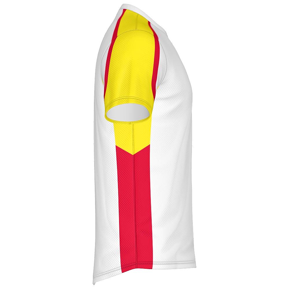 White shirt with yellow and red accents on a white background