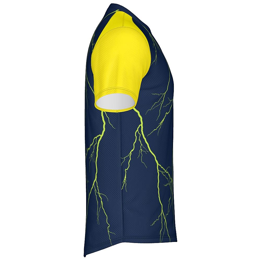 Navy shirt with yellow sleeves and lightning design on a white background