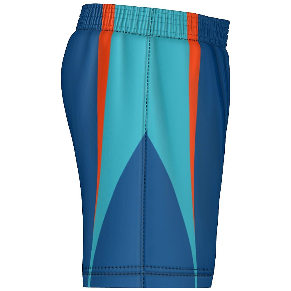 Blue shorts with teal and orange accents on a white background