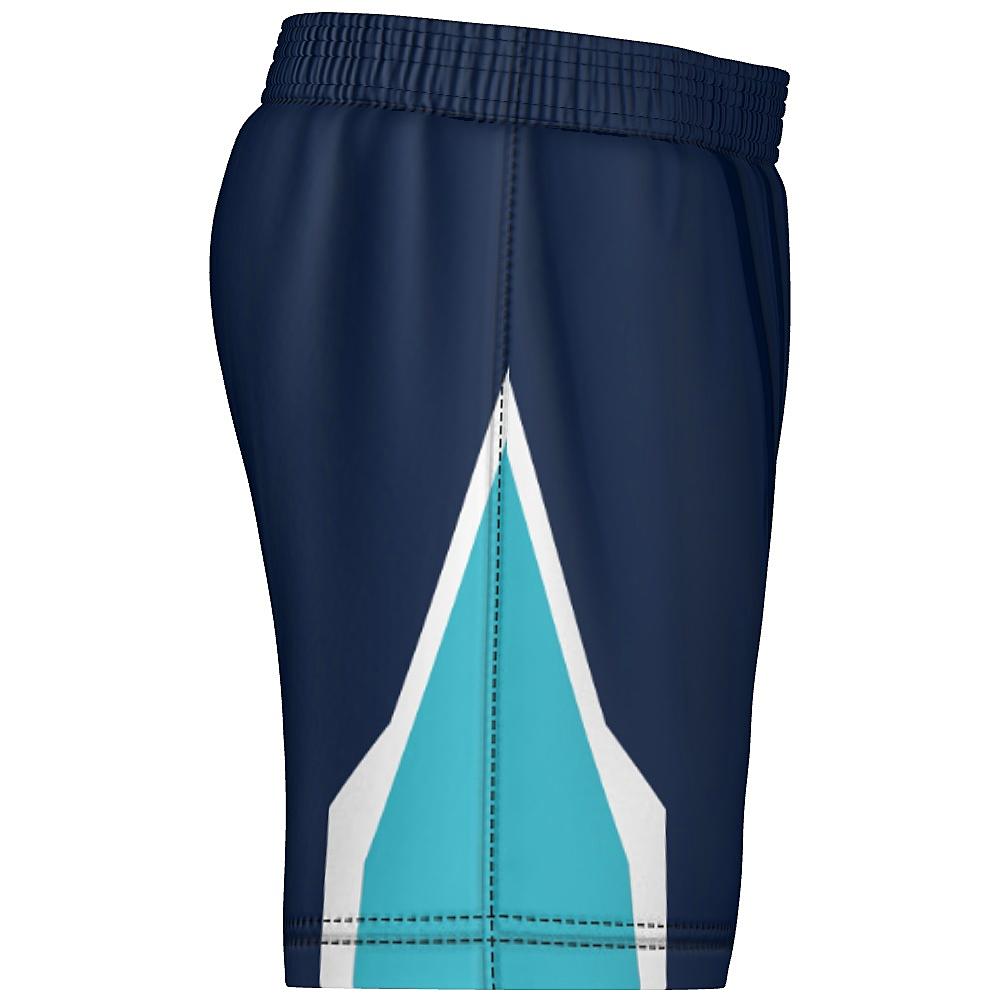 Navy shorts with light blue and white accents on a white background