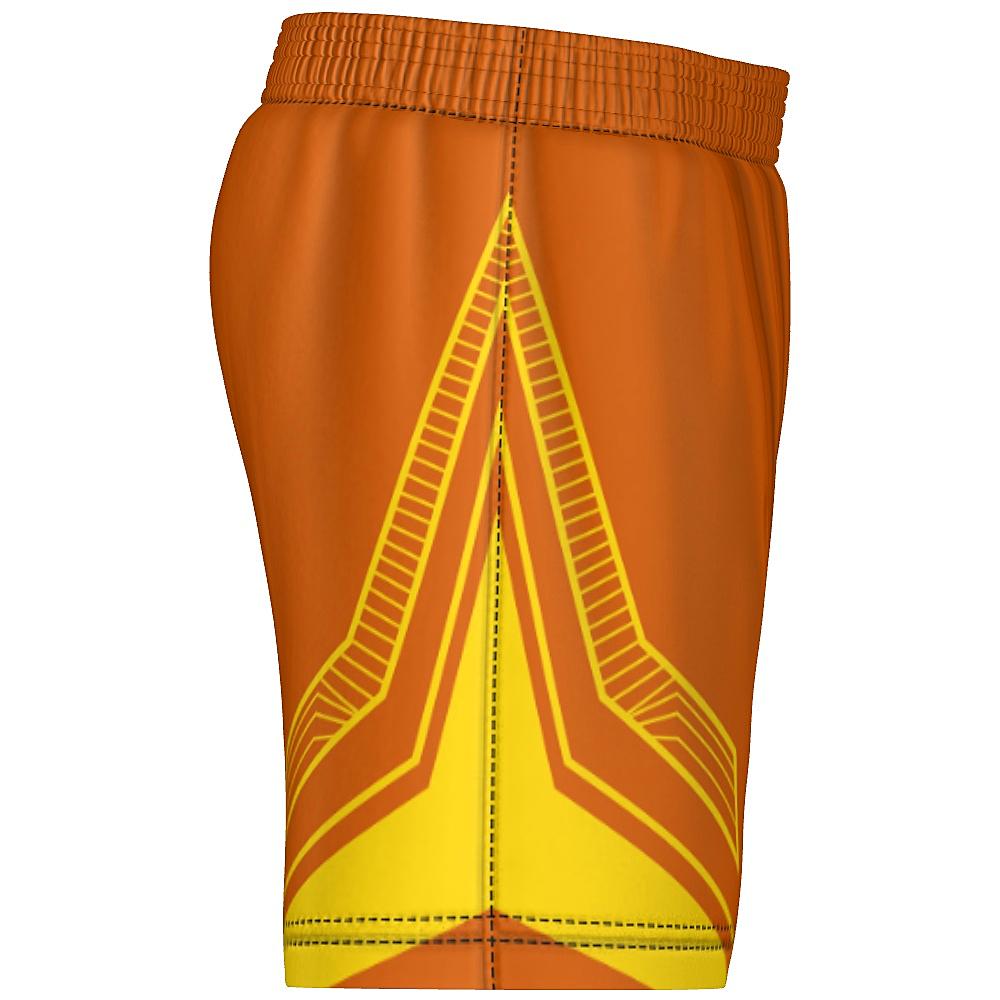 Orange shorts with yellow accents on a white background