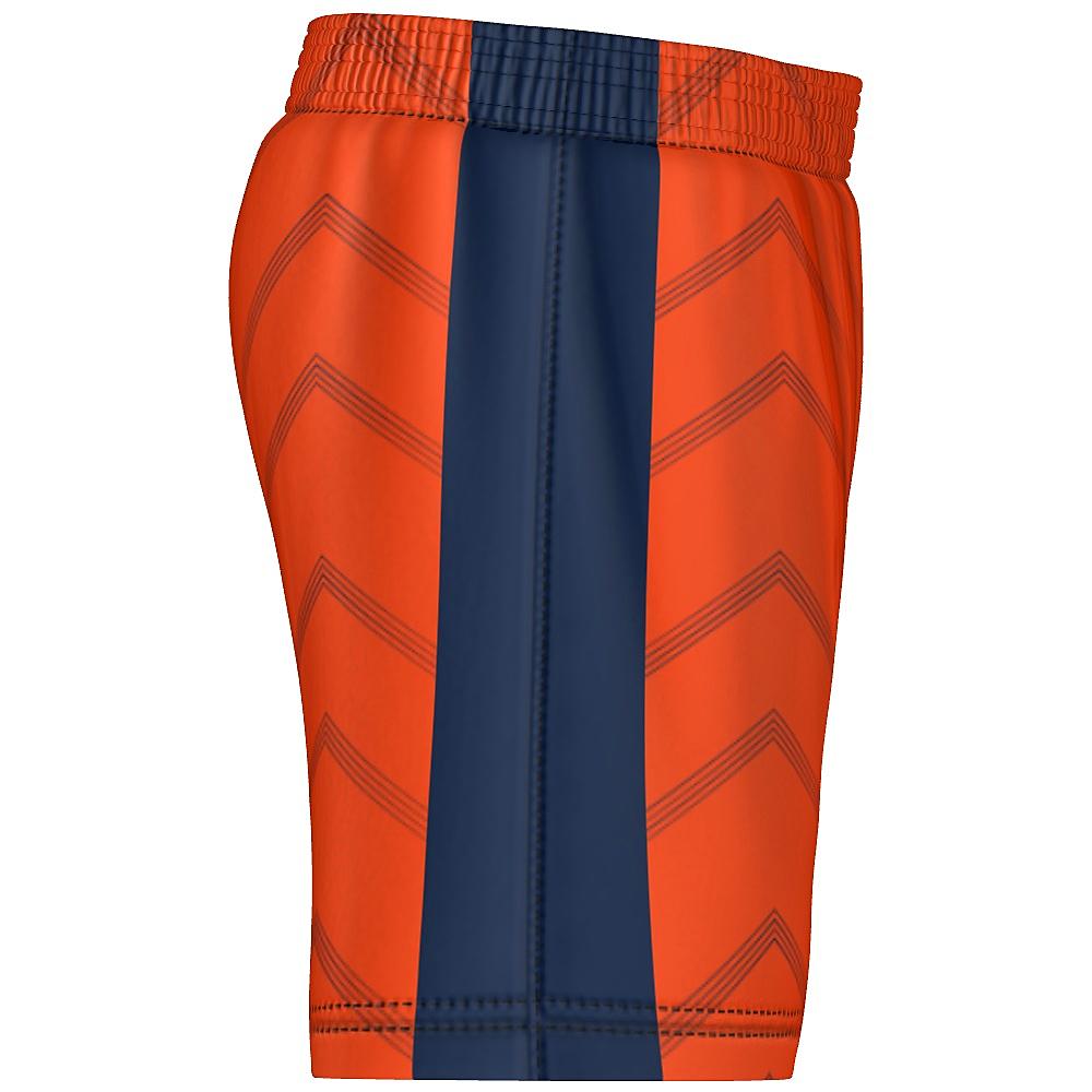 Orange shorts with navy accents and chevron design on a white background