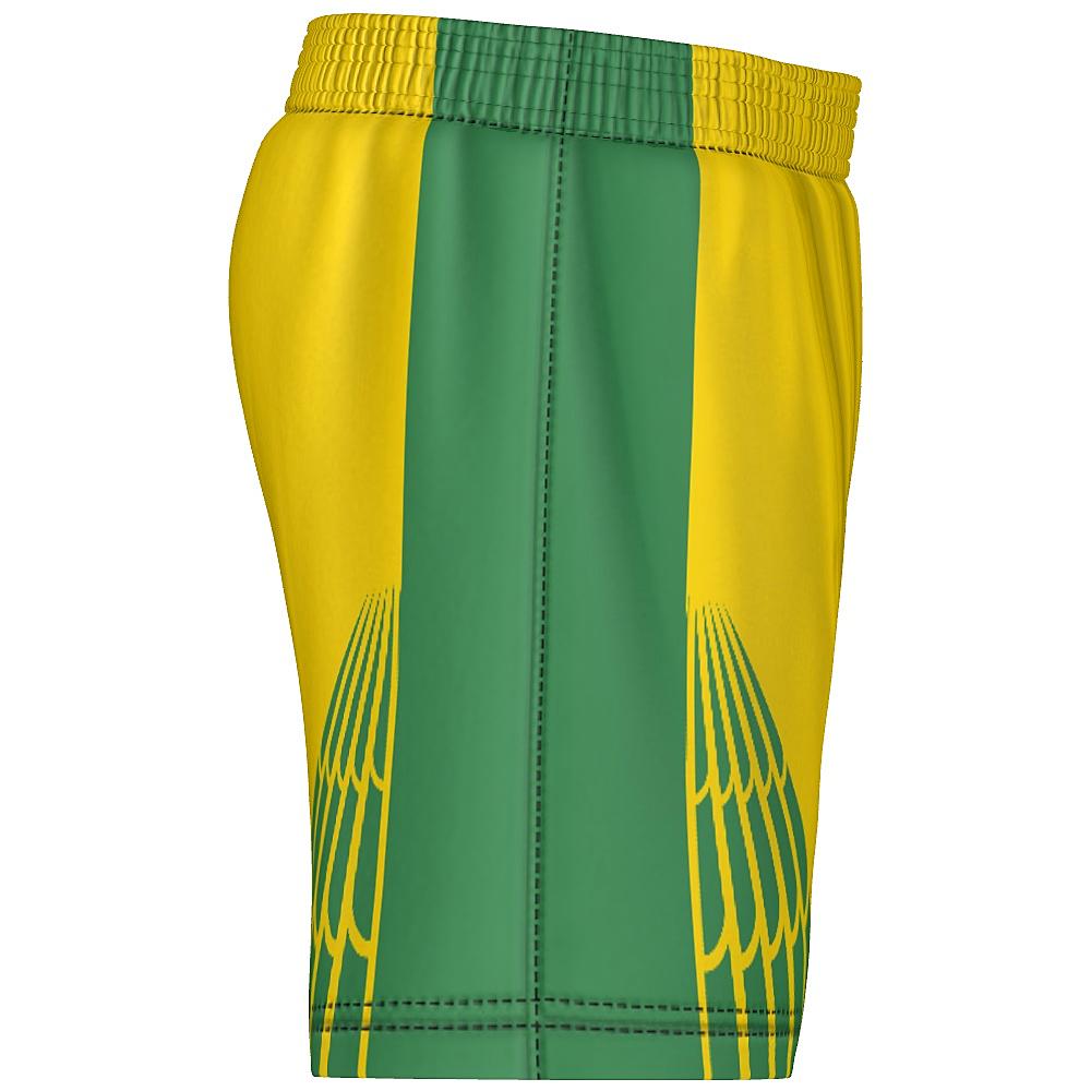 Yellow and green shorts with feather design on lower legs