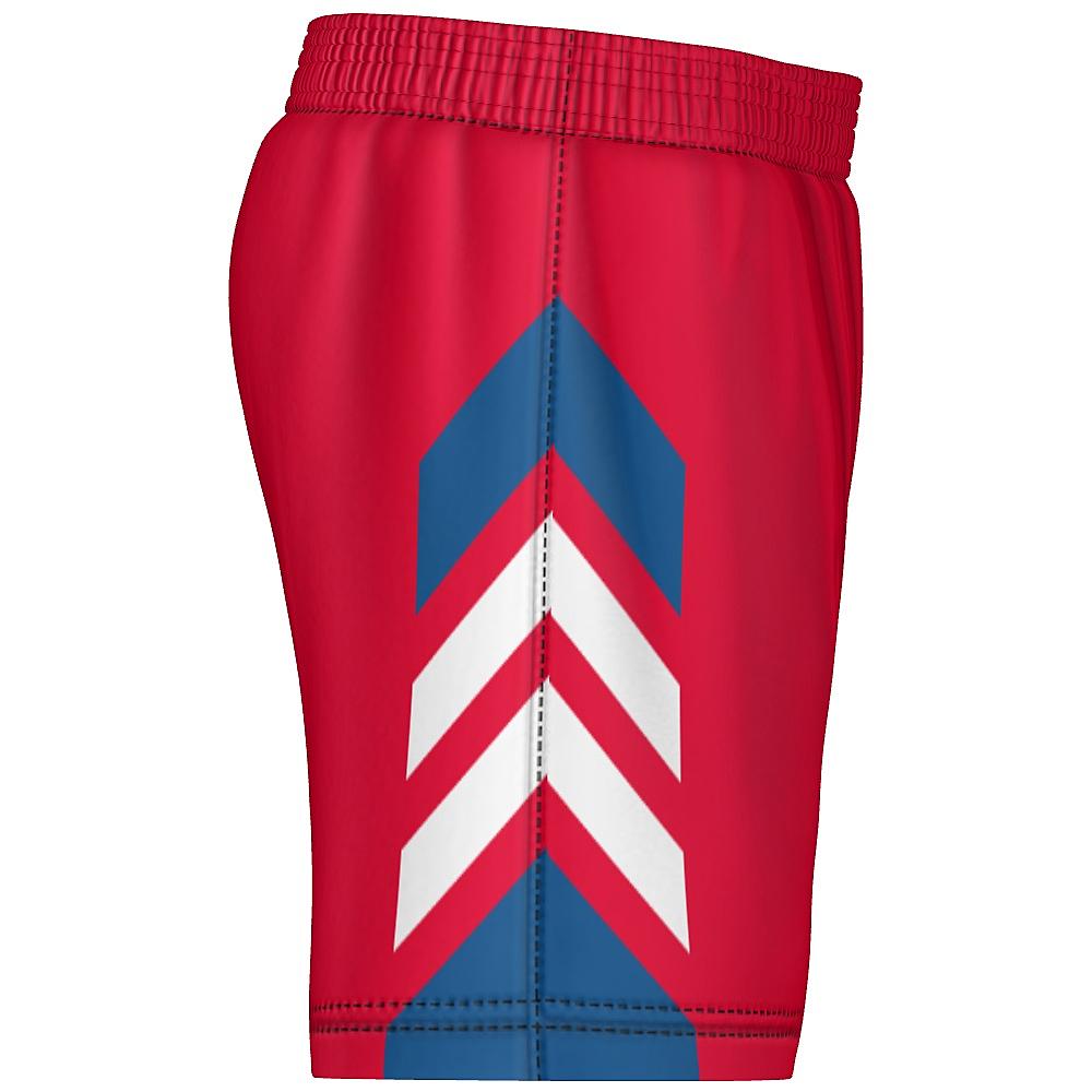 Red shorts with blue and white accents on a white background