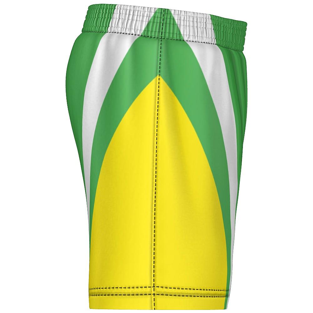 Green shorts with yellow and white accents on a white background