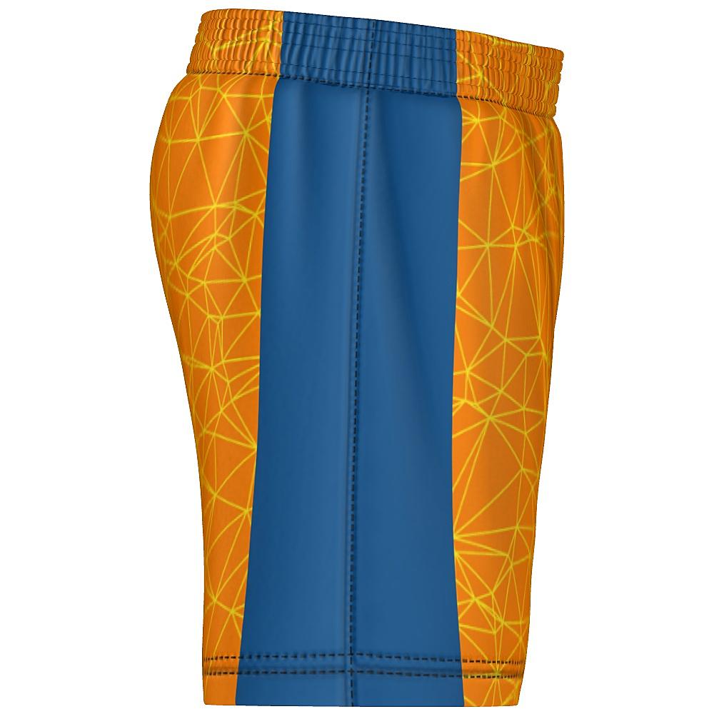Orange shorts with yellow geometric design and blue accents on a white background