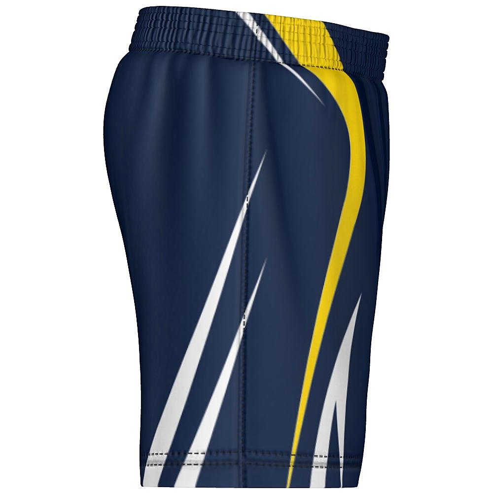 Navy shorts with white and yellow accents on a white background