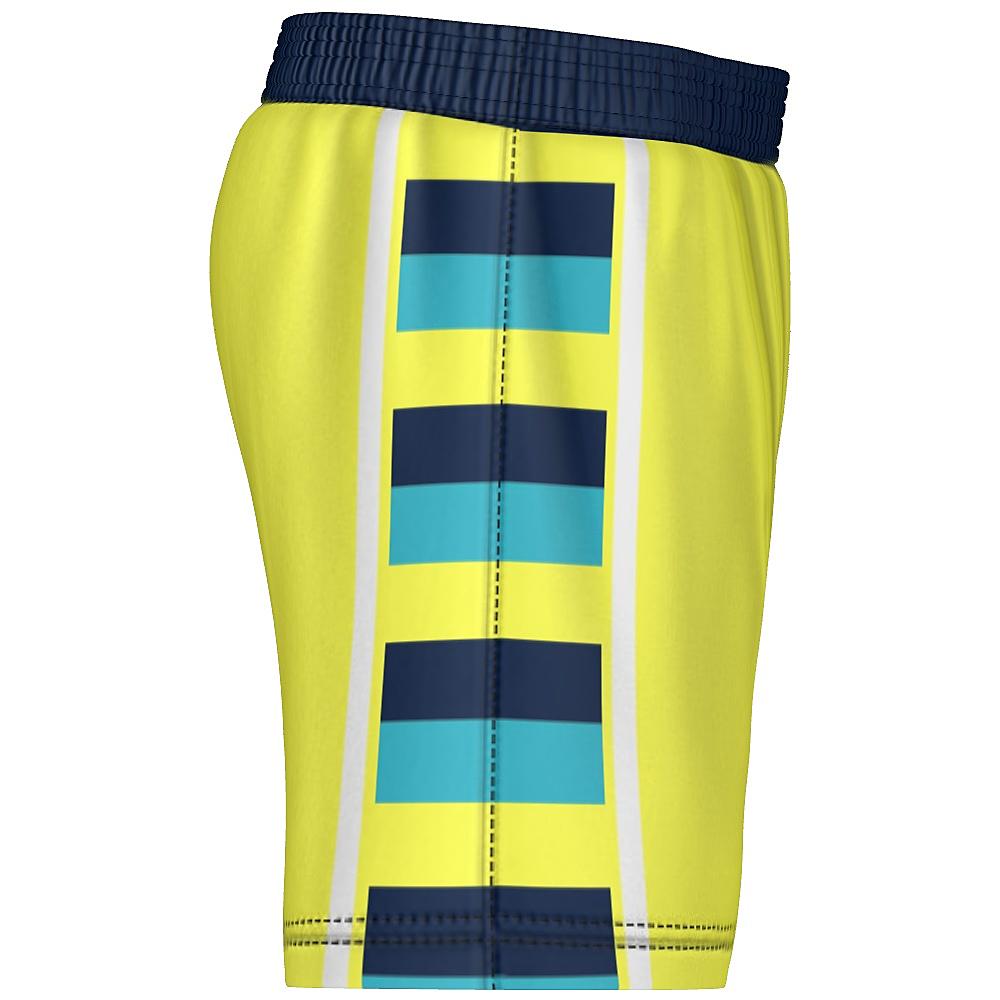 Yellow shorts with striped side panels on a white background