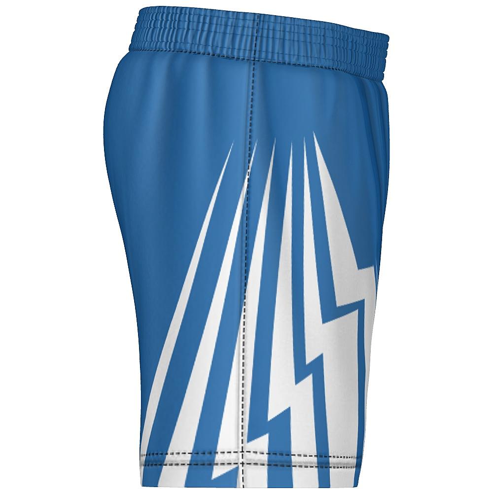 Blue shorts with white bolt-shaped accents on a white background
