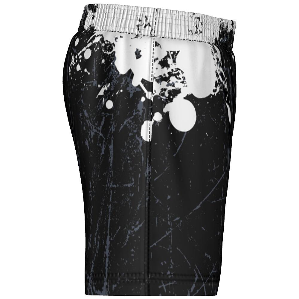 Black shorts with white and grey distressed design on a white background