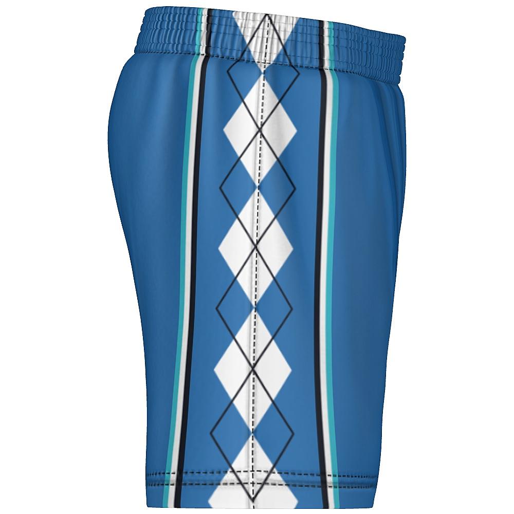 Blue shorts with white and black argyle design on side panels