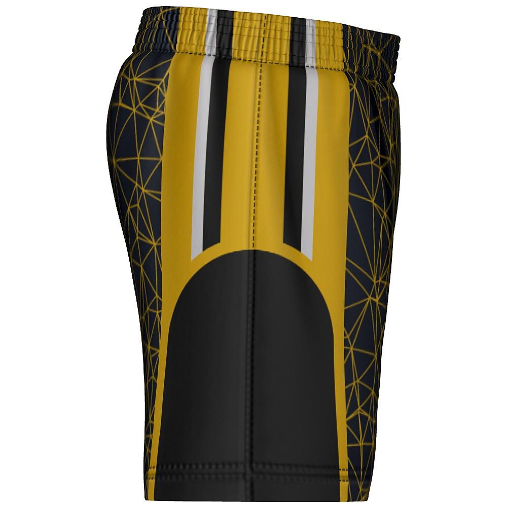 Black shorts with yellow geometric design and side panels on a white background