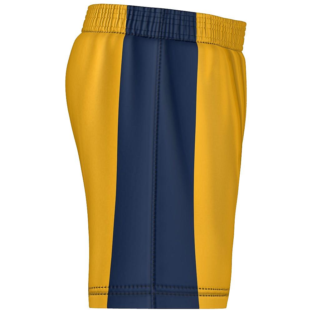 Gold shorts with navy side panels on a white background