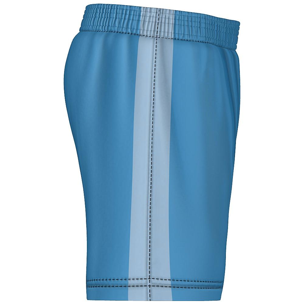 Blue shorts with contrasting blue side stripes on a white background
