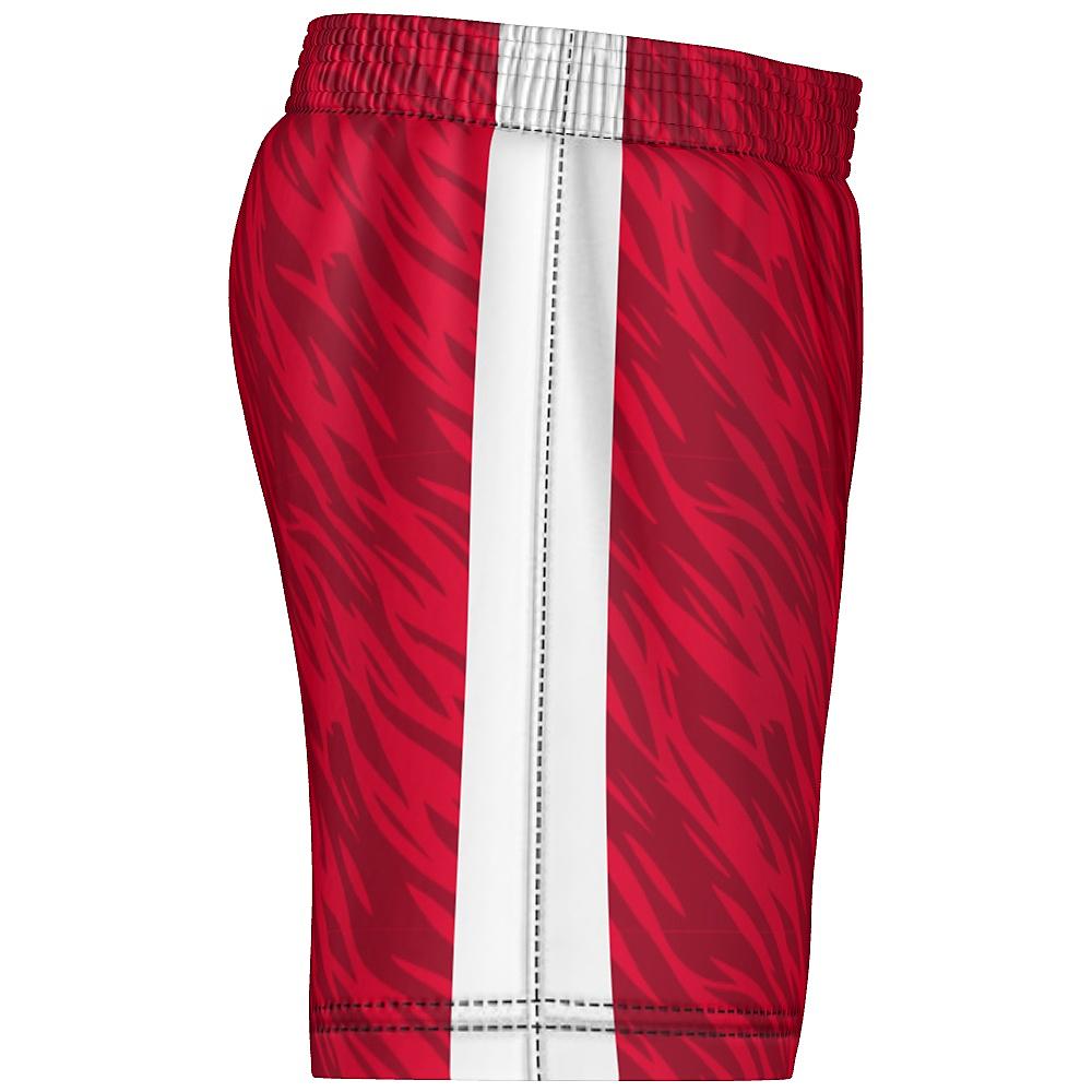 Red shorts with wavy design and white accents on a white background