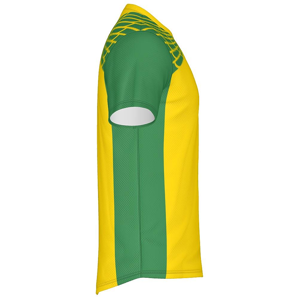 Yellow and green shirt with feather design on upper chest and shoulders