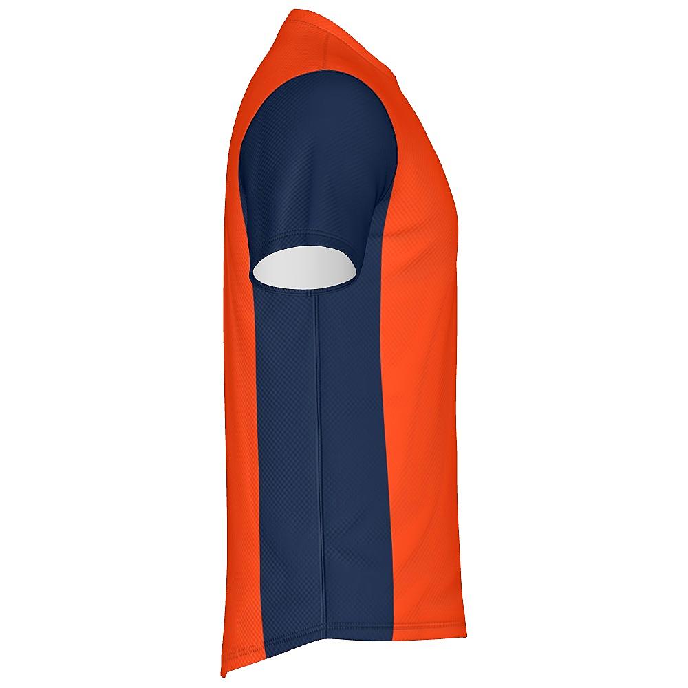 Orange shirt with navy sleeves and side panels on a white background