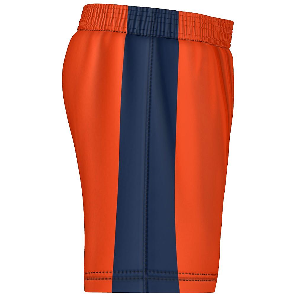 Orange shorts with navy side panels on a white background