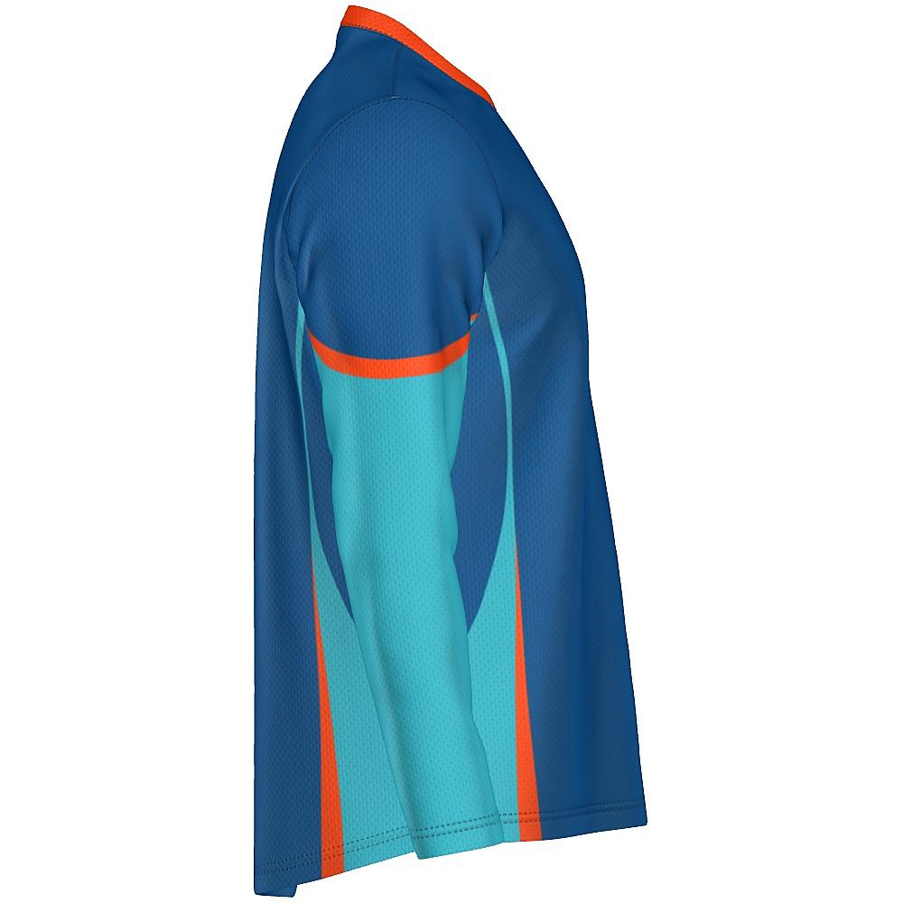 Blue long-sleeve top with teal and orange accents on a white background