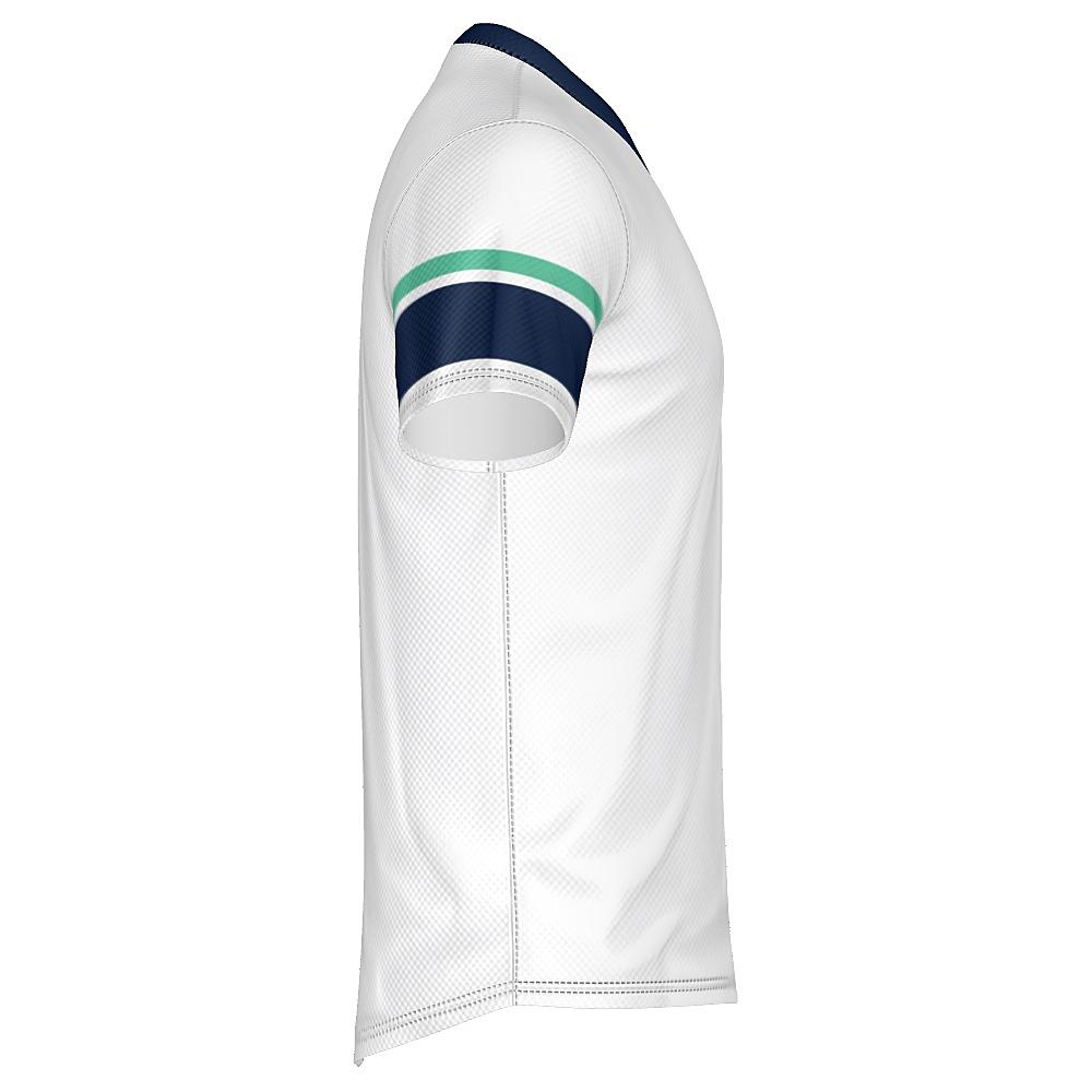 White shirt with navy and green accents on a white background