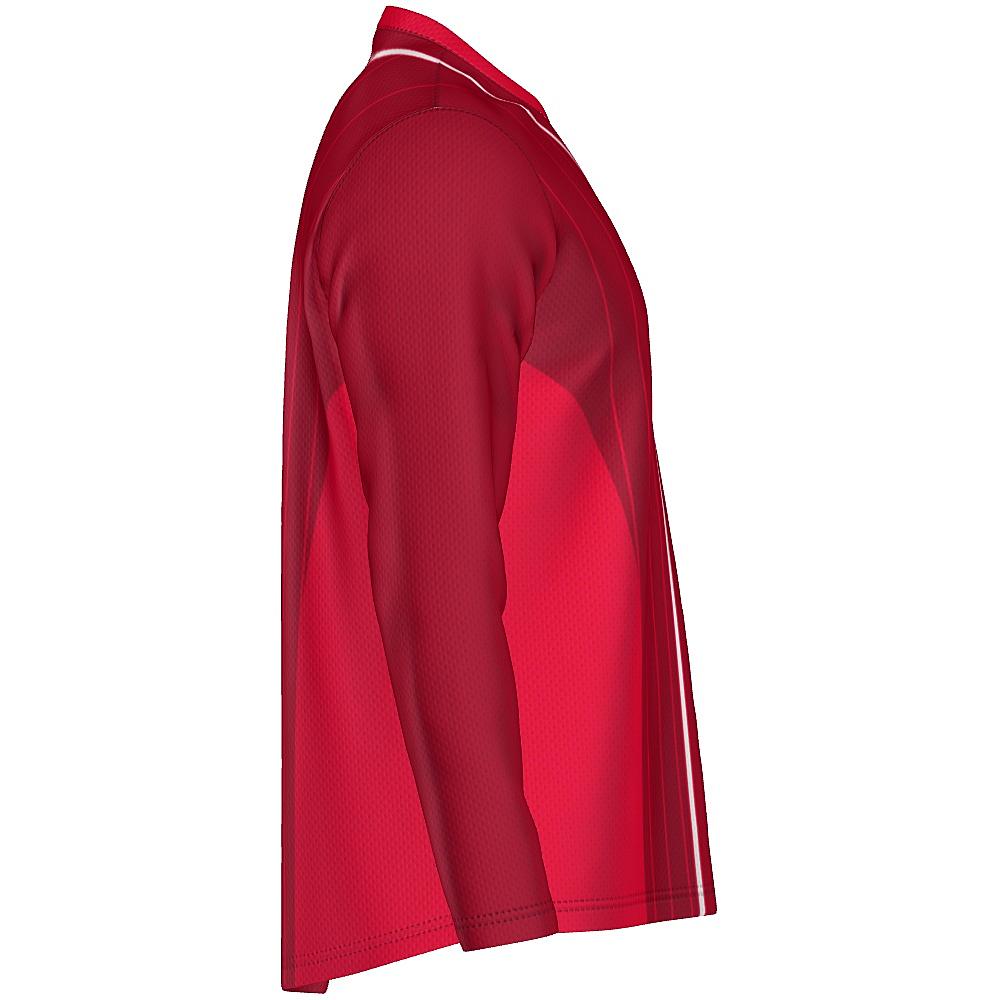 Red long-sleeve shirt with pinstripe design on a white background