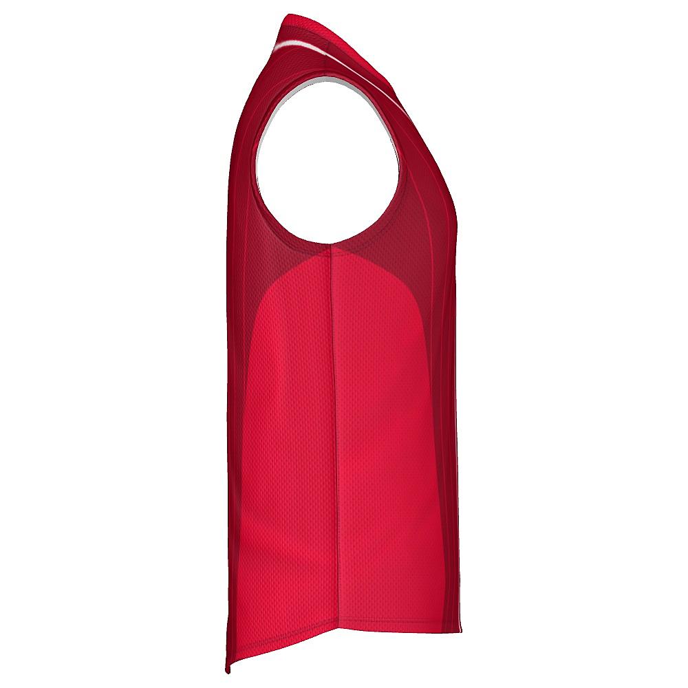 Red sleeveless shirt with pinstripe design on a white background