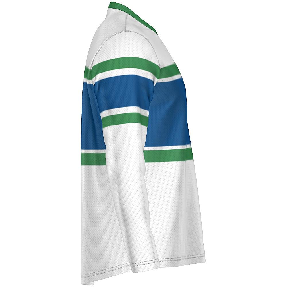 White, blue and green long-sleeve shirt on a white background