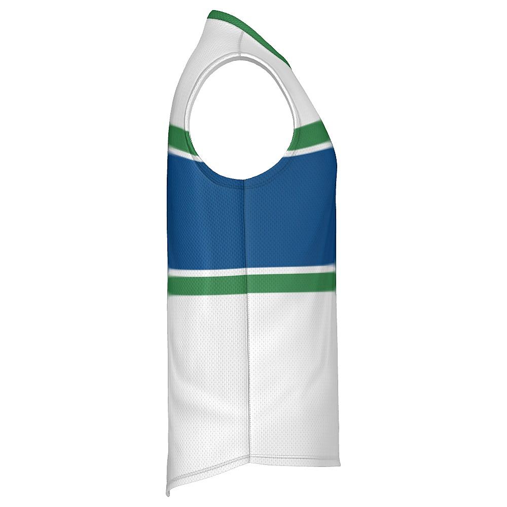 White, blue and green sleeveless shirt on a white background