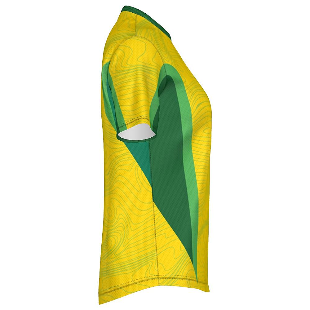 Yellow shirt with topography design and green accents on a white background