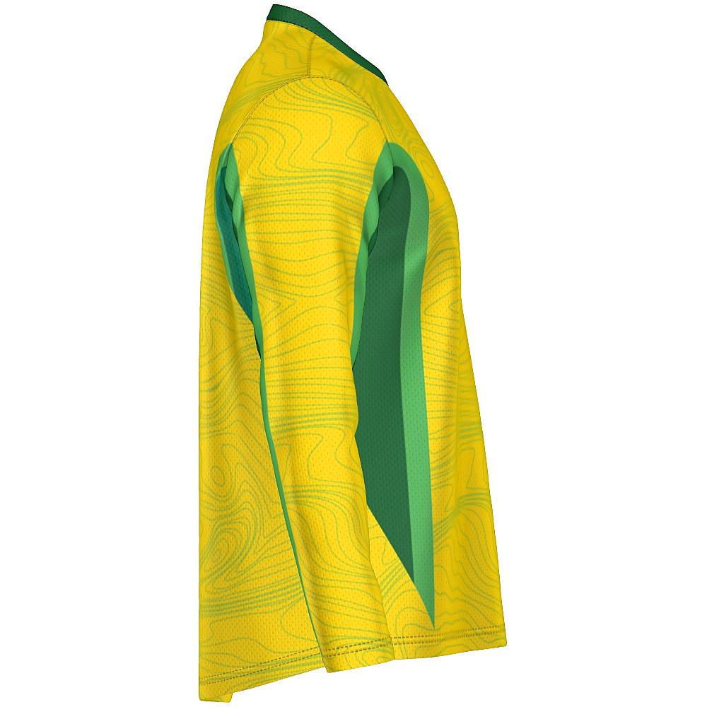 Yellow long-sleeve shirt with topography design and green accents on a white background