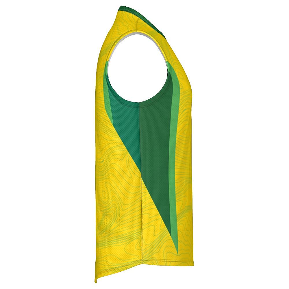 Yellow sleeveless shirt with topography design and green accents on a white background