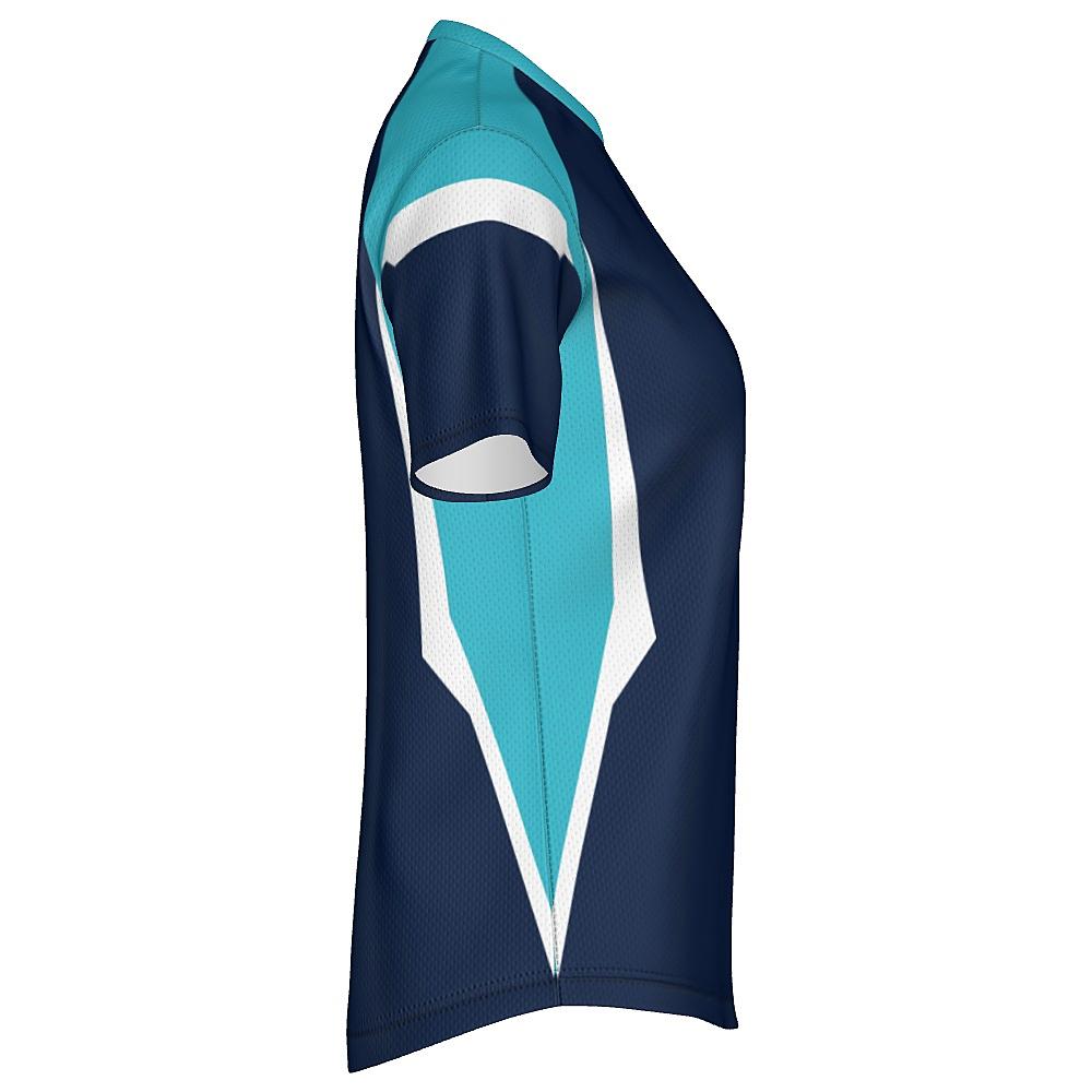 Navy shirt with light blue and white accents on a white background