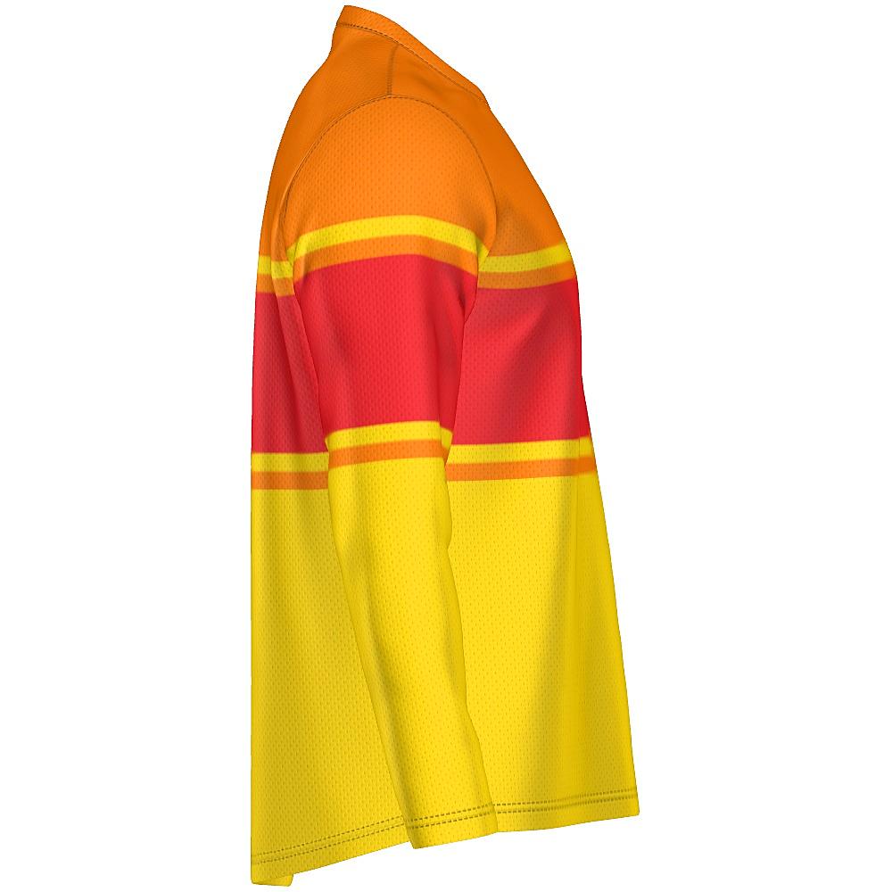 Red, orange and yellow long-sleeve shirt on a white background