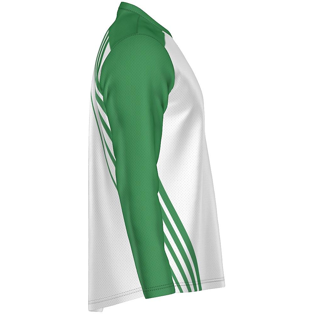 White long-sleeve shirt with green accents on a white background