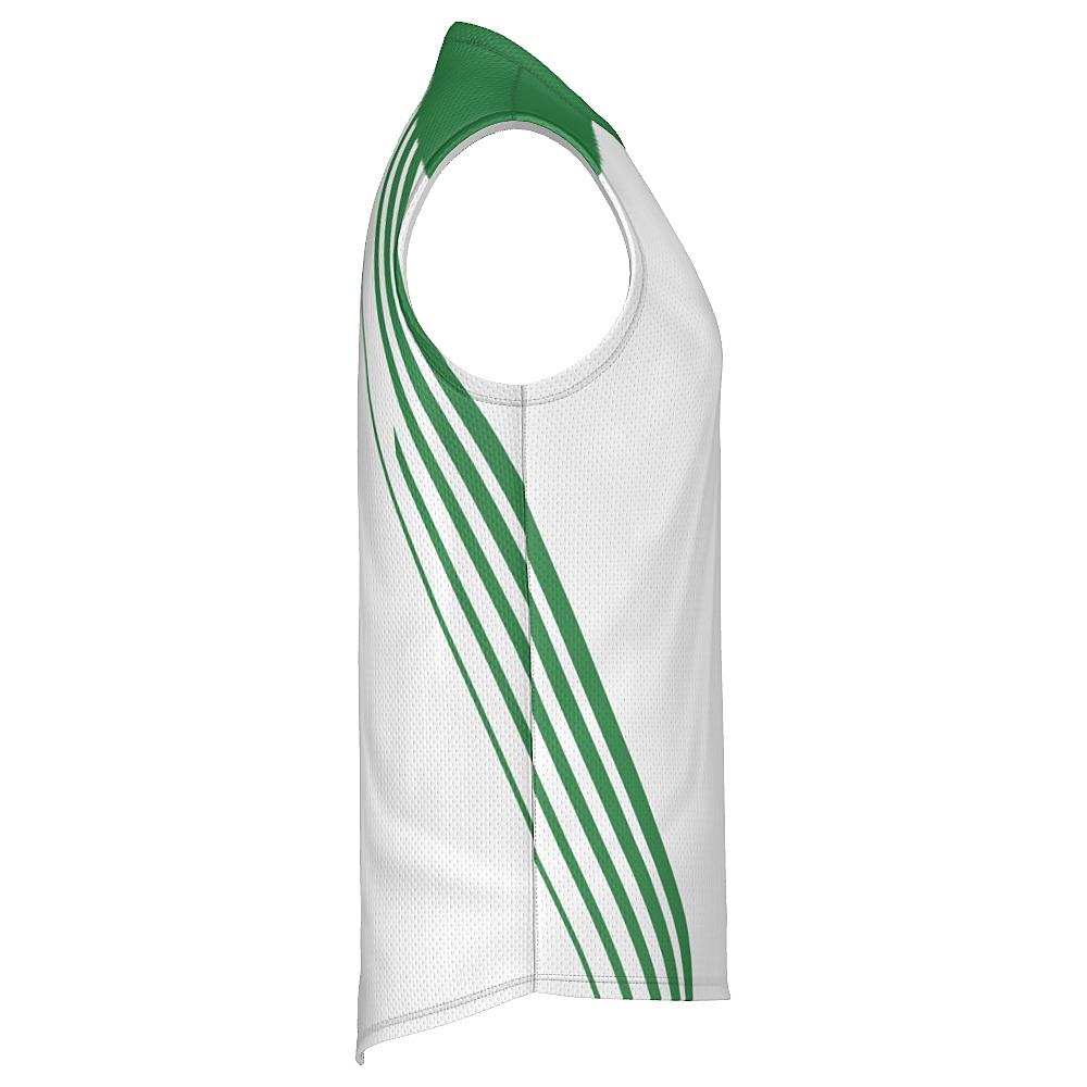 White sleeveless shirt with green accents on a white background
