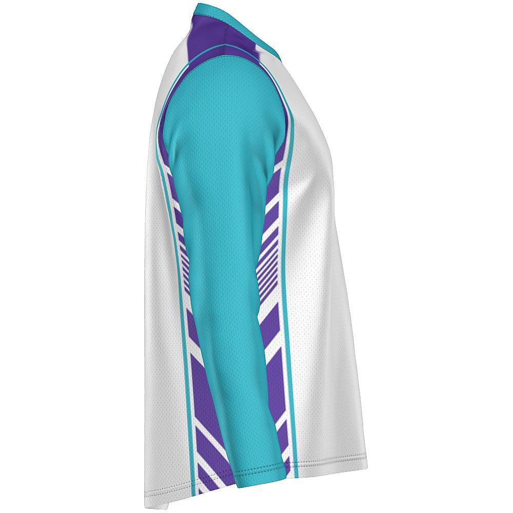 White long-sleeve shirt with teal and purple accents on a white background