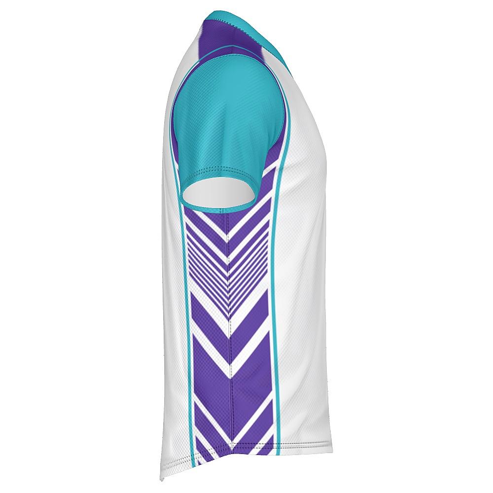 White shirt with teal and purple accents on a white background